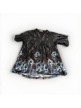 Womens XL Black Blue Floral Lined Tunic V Neck Blouse Flowy Loose Fit (A15)